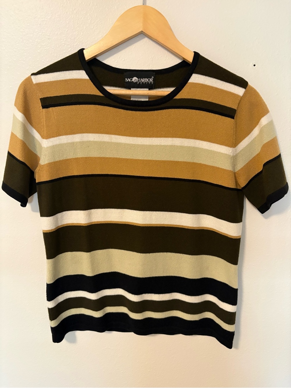 Sag Harbor Vintage Olive and Mustard Striped Short-Sleeve Knit Top